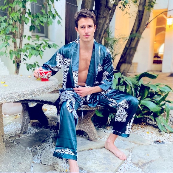 Men’s Blue Teal Tiger Robe Set (only have set with SHORTS now in stock) - Picture 3 of 11